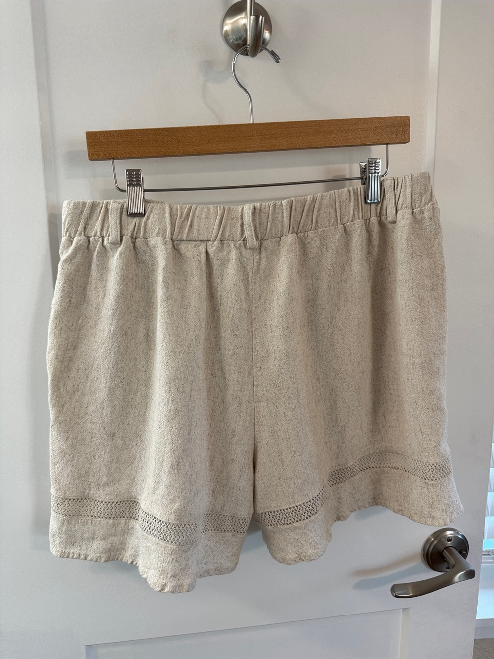 High Waist Linen Blend Womens Shorts Light Beige Openwork Trim Summer Essentials - Picture 5 of 8